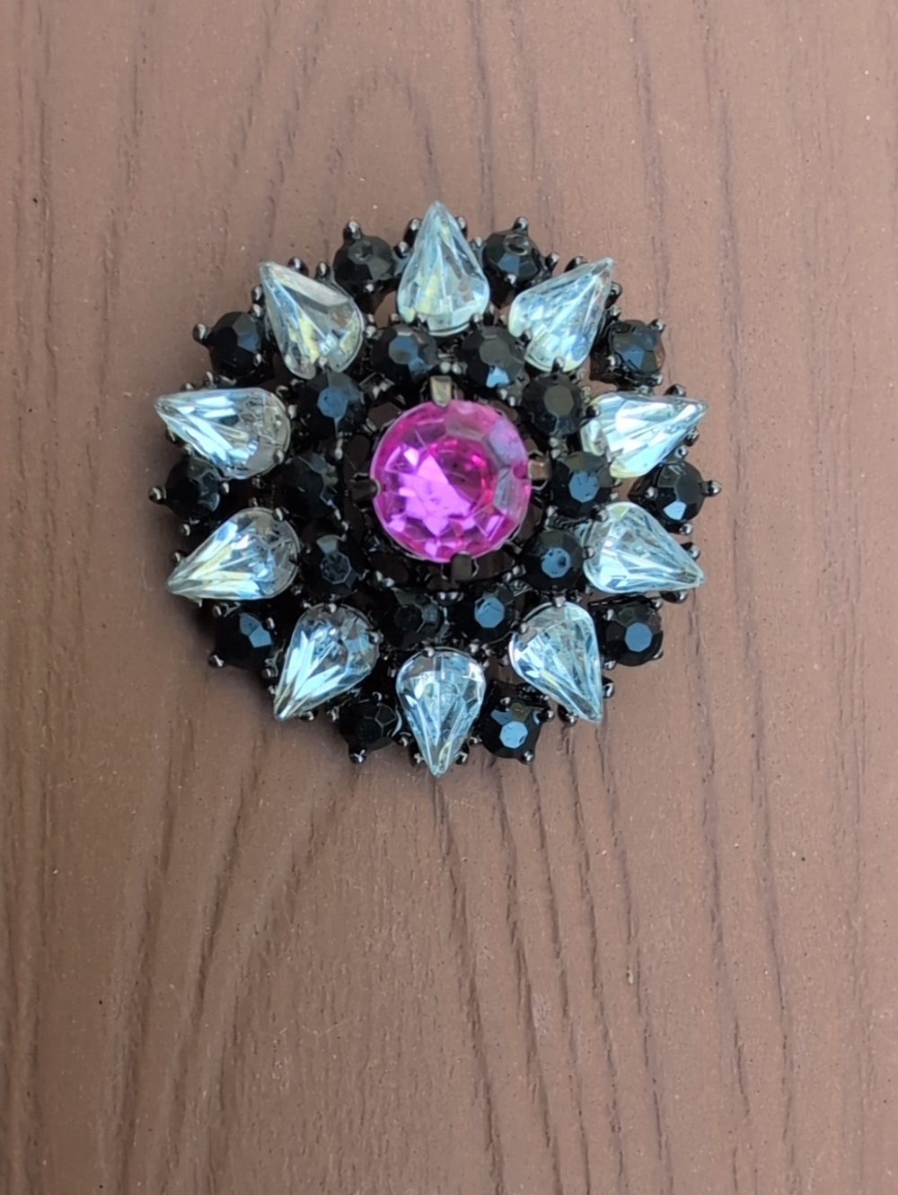 Pink Floral Brooch Black Clear Pink Rhinestones